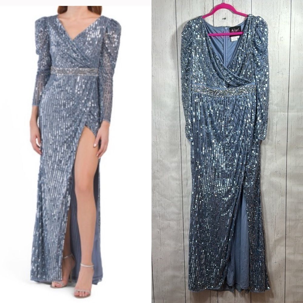 Mac Duggal Sequin Long Sleeve Gown Size 10 Blue Metallic Slit Evening Dress Glam